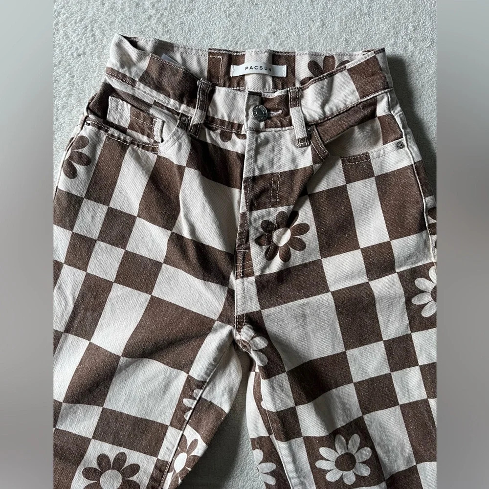 Pacsun Jeans Womens 22 (XS) Eco Flower Checkerboard Button Fly High Rise Frayed - Picture 6 of 9